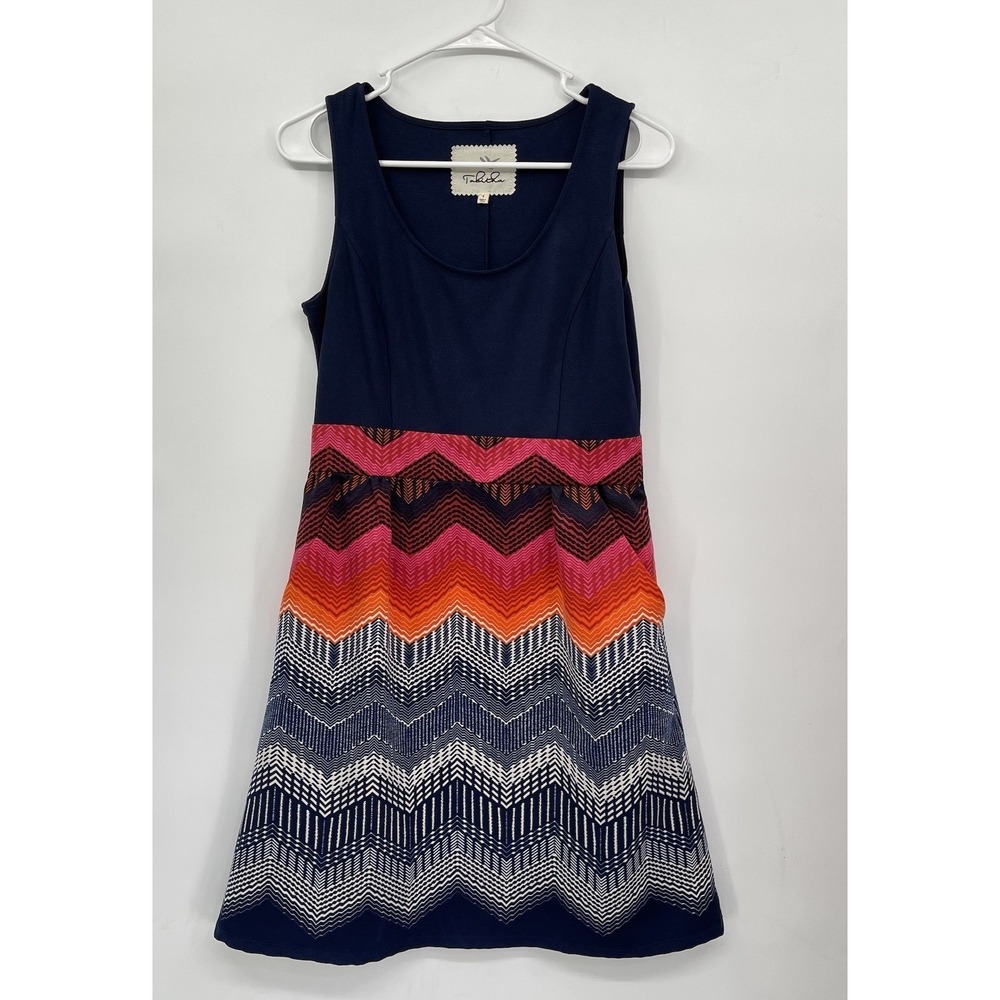 Tabitha 4 Fit and Flare Dress Womens Navy Blue Chevron Zigzag Print Pockets